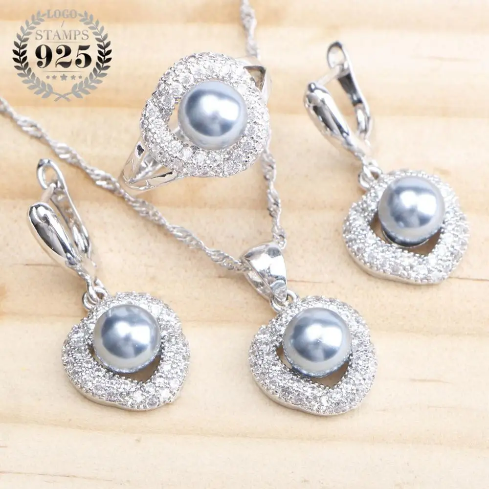 925 пробы серебряные жемчужные свадебные ювелирные наборы серьги для женщин Свадебные украшения CZ Жемчуг Кольцо Кулон ожерелье набор подарочная коробка - Окраска металла: Gray