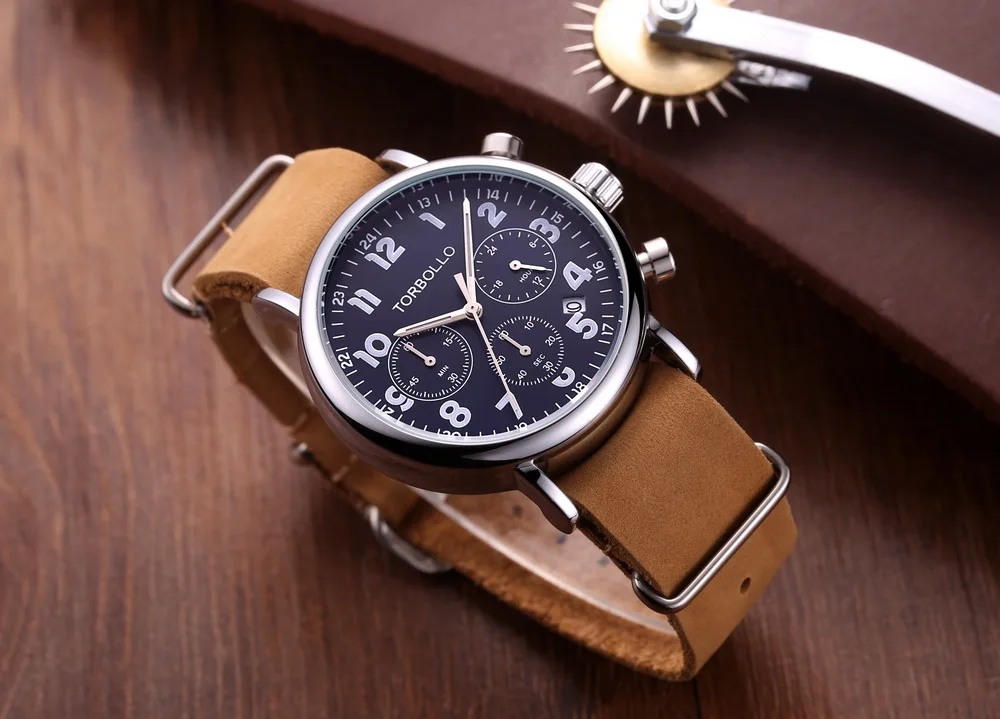Classical Genuine Leather Quartz Chronograph Watch Multifunction Men Wrist Watch Black Clock