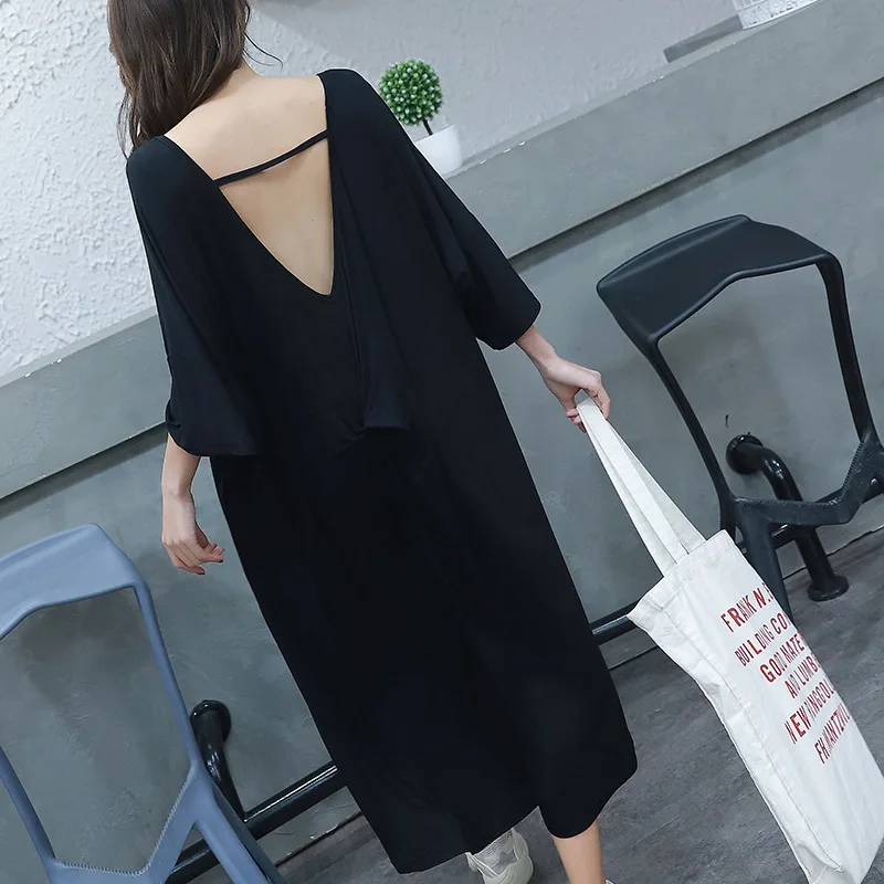 Black Летнее женское платье для сна женское свободное платье сексуальное короткое платье с открытой спиной-рукавами ночная рубашка для улицы - Цвет: Black