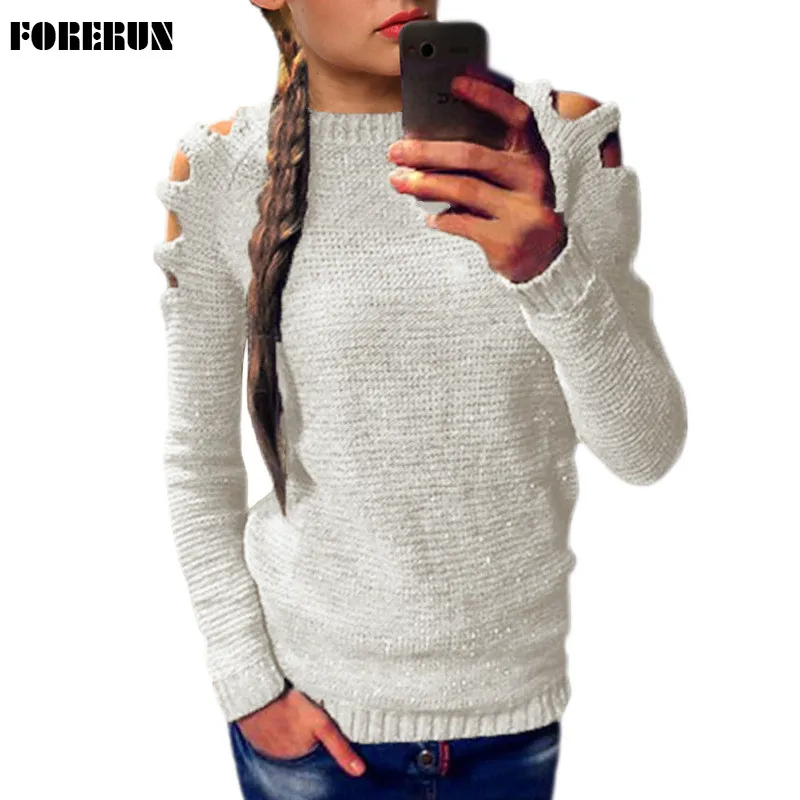 

FORERUN Womens Sweaters and Pullovers Plus Size Hollow Out Cold Shoulder Sweater Knitted Jumper Solid Winter Autumn Knitwear