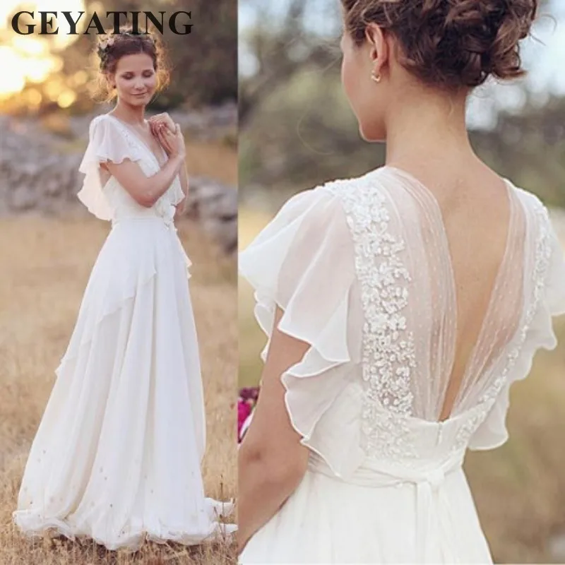 

Bohemian Hippie Wedding Dresses 2019 Beach A-line Boho Wedding Dress Maternity Pregnant Bridal Gowns Backless White Lace Chiffon