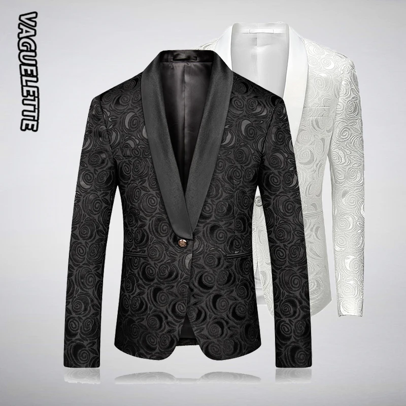 

VAGUELETTE Embroidery Rose Floral Men's Blazer Fashion Elegant White Stage Suit Jacket For Men Luxury Wedding Tuxedos M-5XL