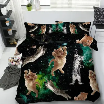 

4/6pcs space bedding sheet set 3d galaxy duvet cover single queen super king size quilt covers lovely kitten bed linens kids