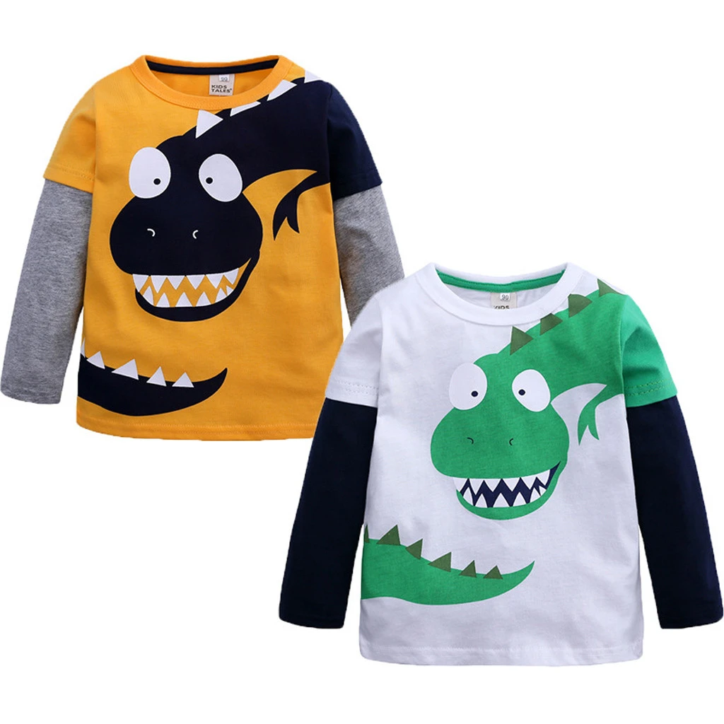 Toddler Baby Kid Boy Cute Cartoon Dinosaur Patchwork Shirt Tops Pullover Clothes