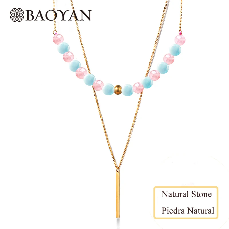 

Baoyan Natural Stone Semi Precious Pink Quartz Beaded Layered Necklace for girls