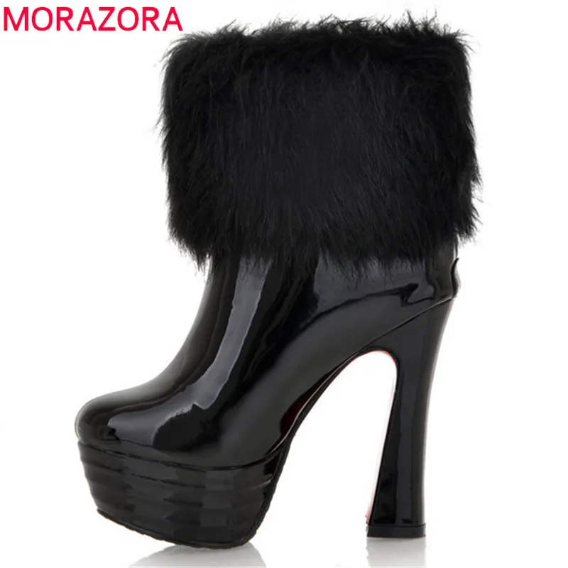 

MORAZORA 2018 big size 33-43 ankle boots women pointed toe autumn winter boots faux fur fashion high heels platform shoes woman