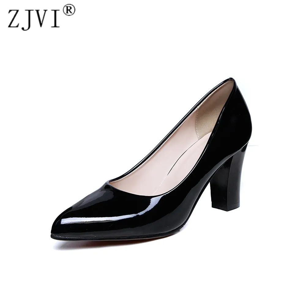 

ZJVI women pointed toe thick High heels pumps woman patent PU shoes 2018 summer ladies autumn womens black red nude work pumps