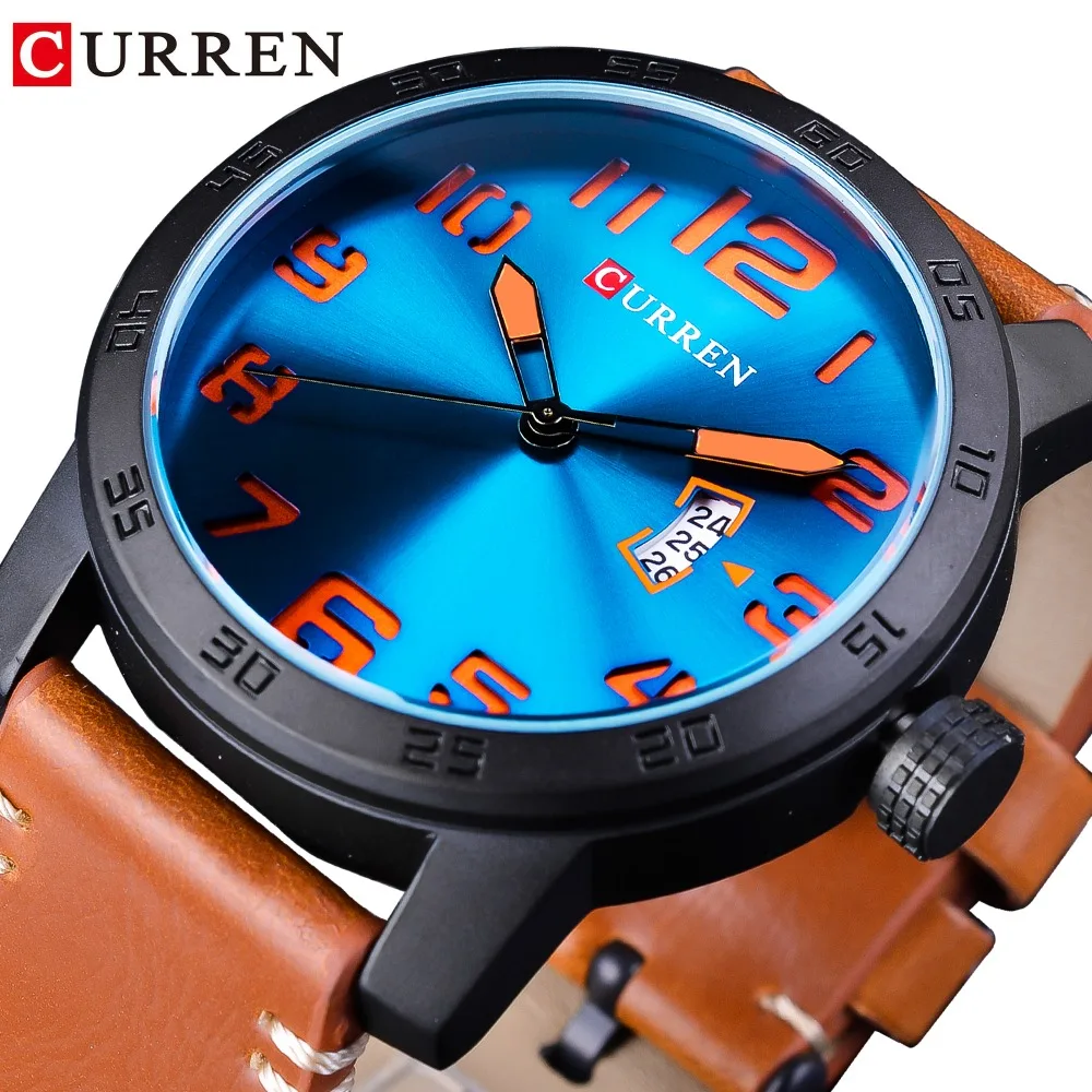 

CURREN Blue 3D Ocean Dial Calendar Display Brown Genuine Leather Belt Men Sport Quartz Wrist Watch Top Brand Luxury Montre Homme