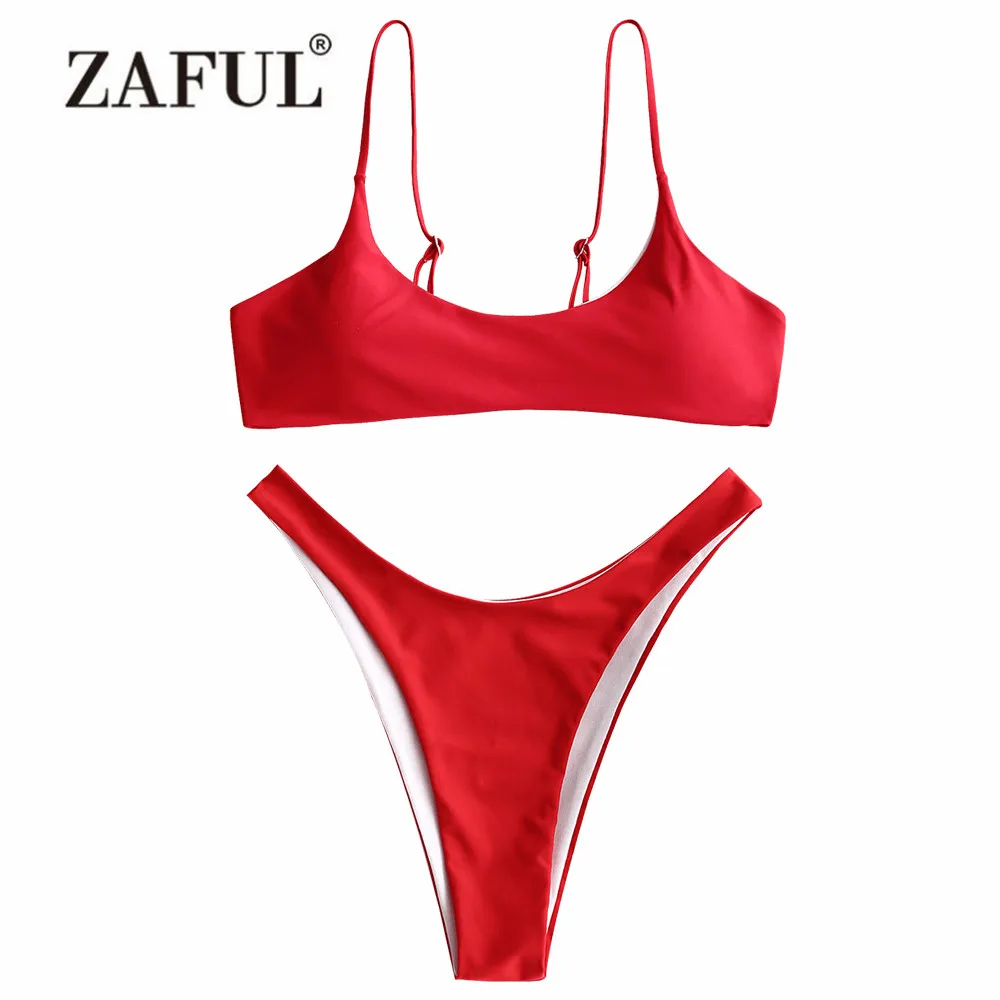Zaful Women Bikini Padded High Cut Thong Bottom Bikini Set Solid Women ...