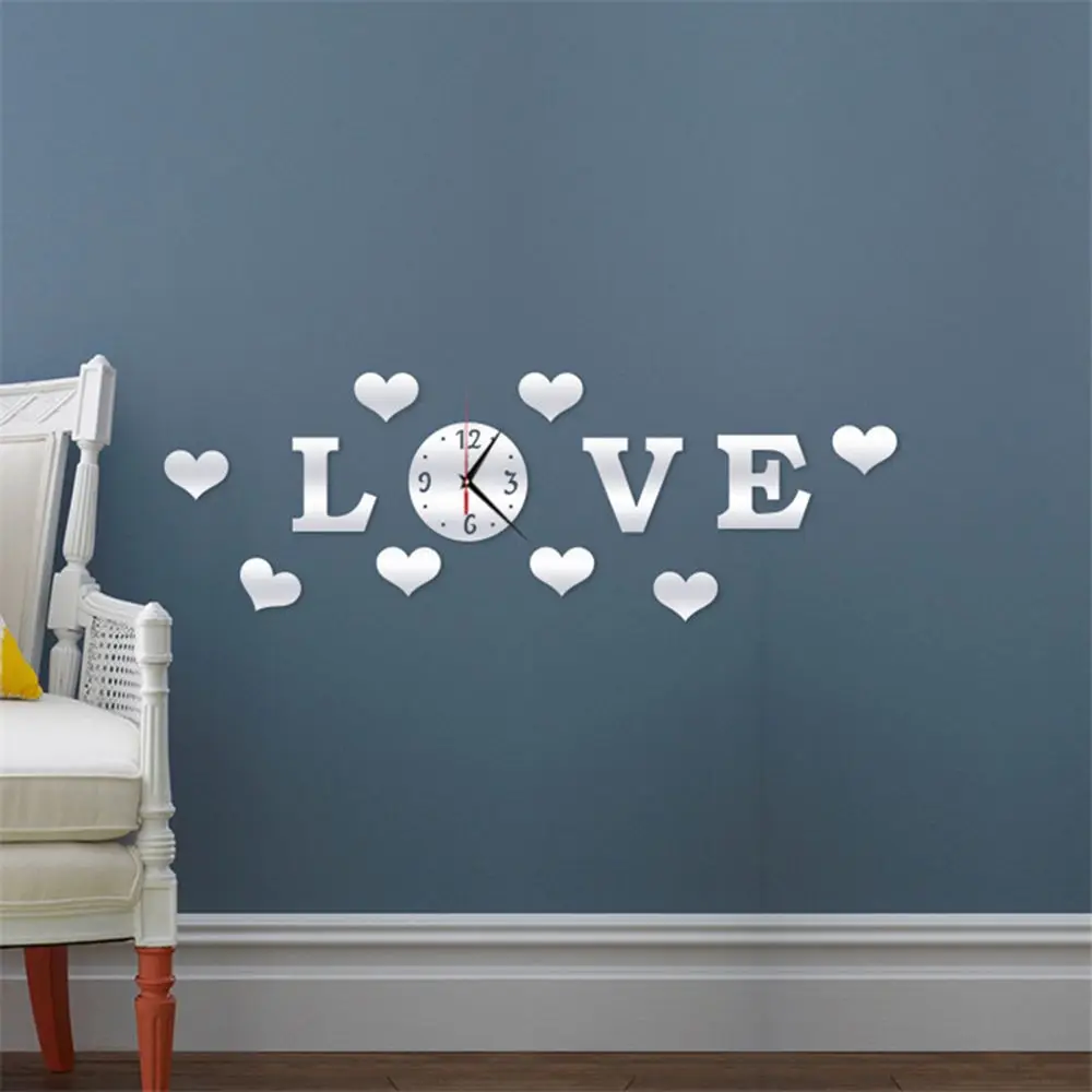 cheap DIY Creative Personality Acrylic LOVE Heart Stereo 3D Mirror Decorative Decals Sticker Living Room Decoration Wall Clock Fashion