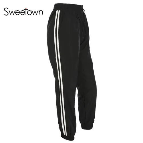 Sweetown повседневные брюки размера плюс, женские брюки в полоску сбоку, женские уличные черные штаны с высокой талией, женские спортивные штаны - Color: as picture