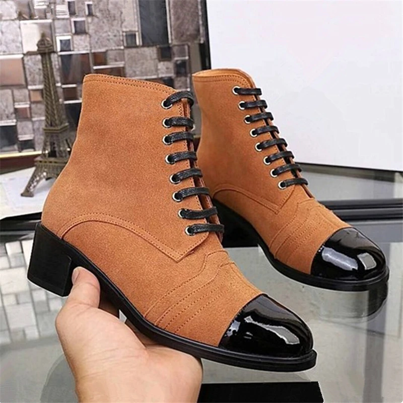 

Luxury Brand Suede Leather Woman Ankle Boots Fashion Patchwork Lace Up Martin boots New Chunky High Heeks Gladiator Shoes Woman