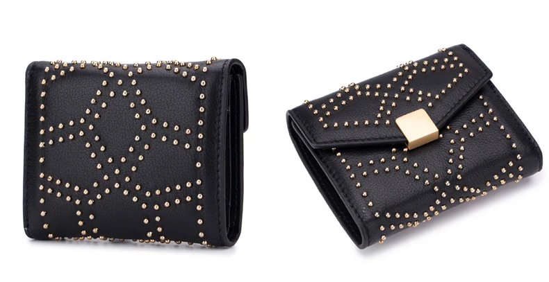 Lomelobo Ladies Rivets Small Wallet Genuine Cow Leather Women Three-Fold Short Personality Wallet Girls Credit Card Holder Purse HPL2627-1 Details (15)