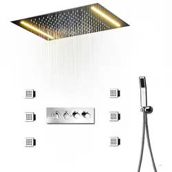 Термостатический 3 функций душ светодиодный потайной потолочный большой дождя 360x500 мм Ванная комната смеситель набор 2 дюйма тело струй