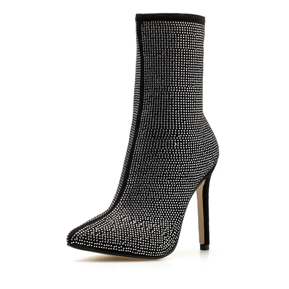 Brillant Stiletto Bottes Chaussures Strass Automne Mode nude Décoratif Chaussons Femmes Printemps De Bout Pointu Sexy Noir hQrtdCs