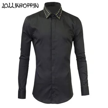 

Riveted Collar Mens Shirt Long Sleeve Gold Rivet / Silver Rivet Punk Dress Shirt For Men Concealed Buttons Black Shirts