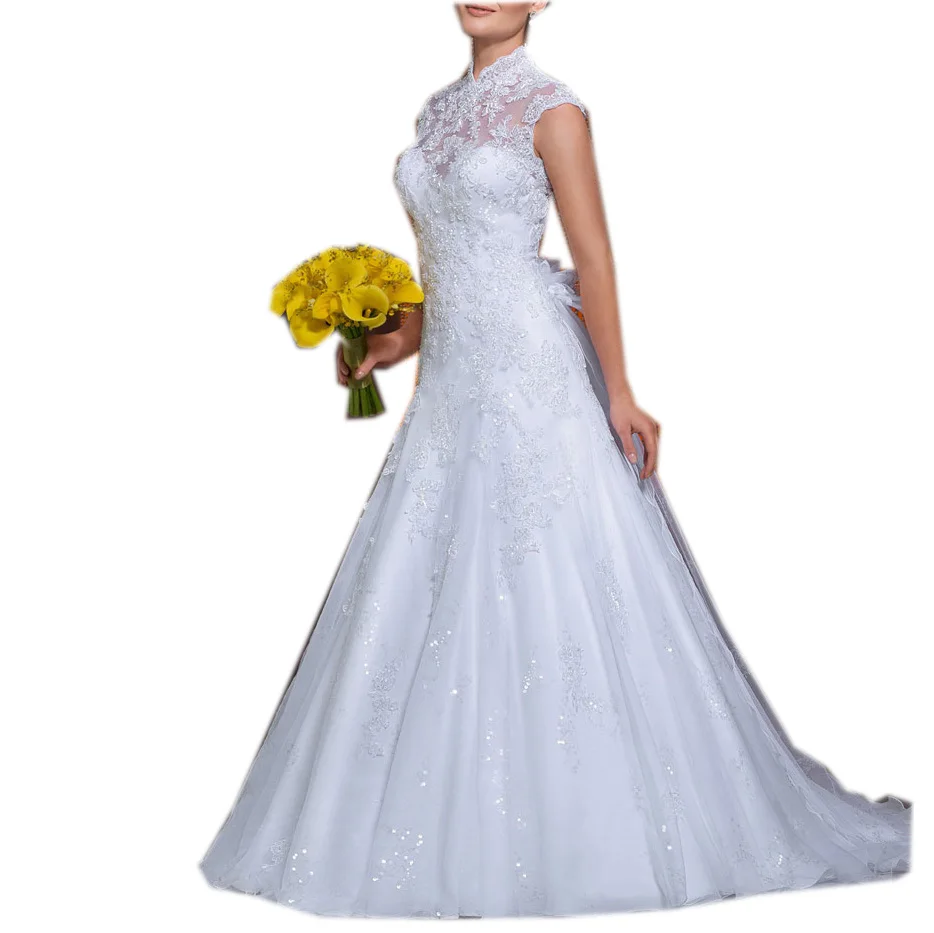 Свадебное платье для женская одежда с коротким рукавом высокого с длинным шлейфом до пола Длина бальное платье по индивидуальному заказу иллюзия свадебное платье Вечерние