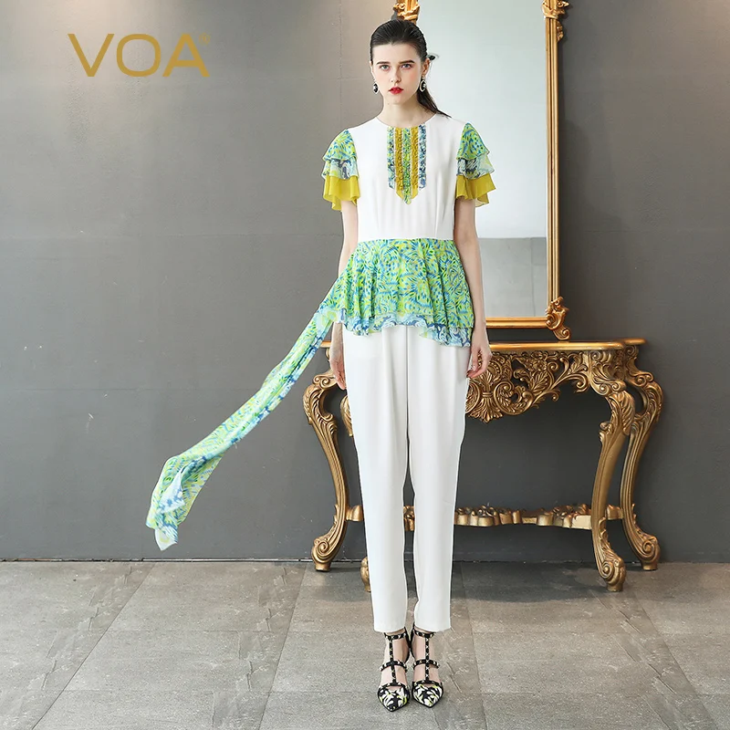 VOA Zijde Georgette Party Jumpsuit Wit Plus Size 5XL Vrouwen Jumpsuits Zoete Leuke Print Hoge Taille Slanke Zomer Korte Mouw k511 VOA Zijde Georgette Party Jumpsuit Wit Plus Size 5XL Vrouwen Jumpsuits Zoete Leuke Print Hoge Taille Slanke Zomer Korte Mouw k511