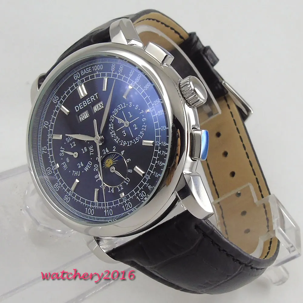 

2019 New Design 42mm Debert Black Dial Silver Hands Date day SS black strap multifunction automatic Mechanical men's Watch
