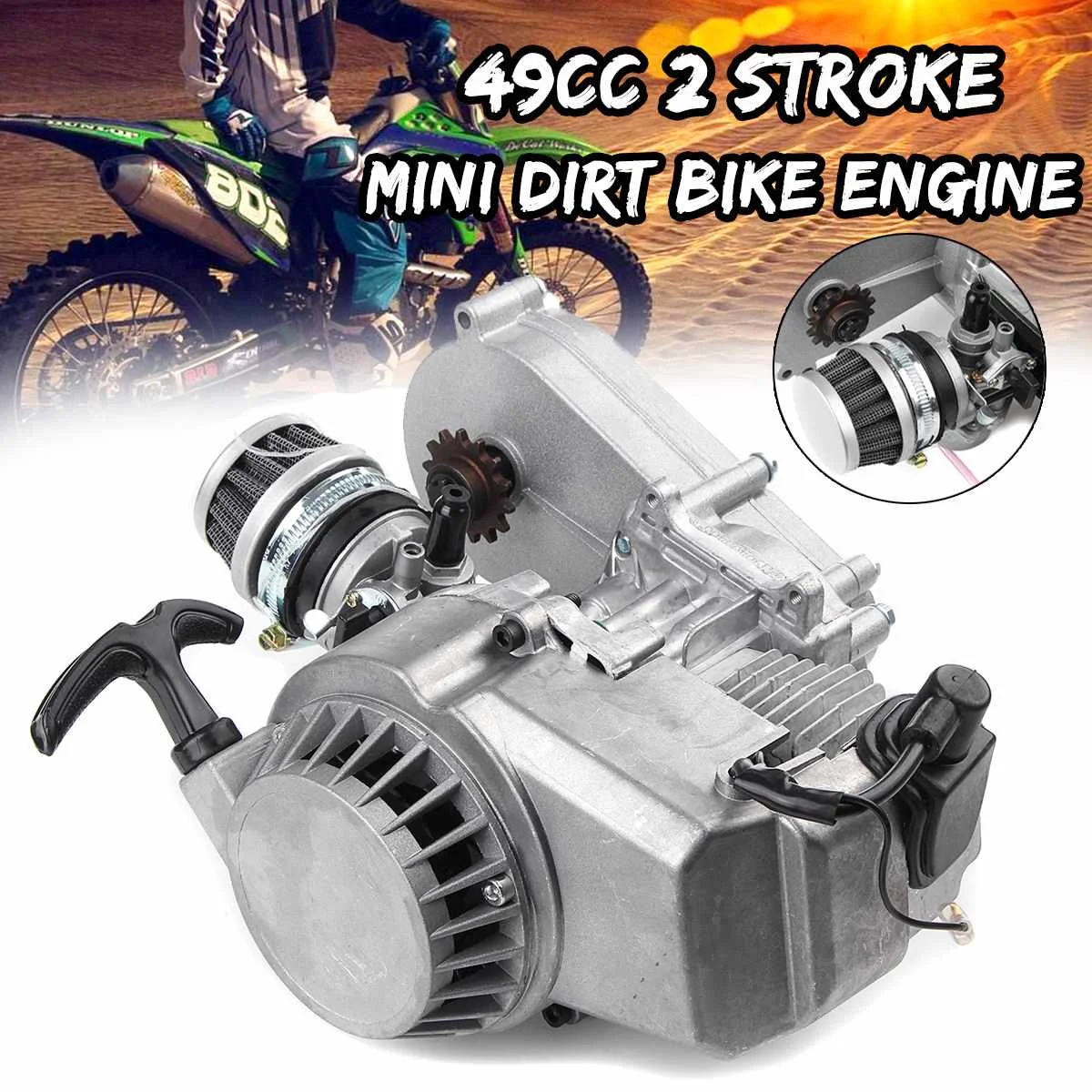 

49cc Motorcycle Complete Engine 2-Stroke Pull Start W/Transmission Carburetor Air Filter Silver For Mini Dirt Bike