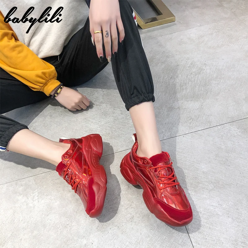 

New Woman Platform Sneakers Women Casual Shoes Ladies Sneakers Glitter Chunky Female Thick Sole Lace-up Breathable Red Spring