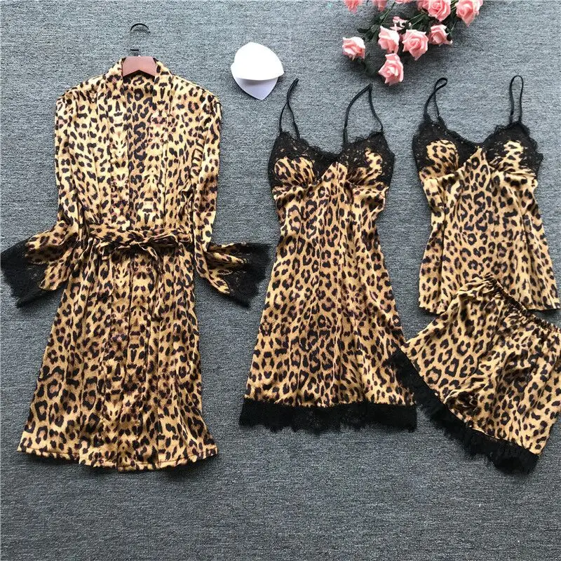 

Sexy Leopard Womens Robe Set 4 Pieces Robe+Nightdress+Top+Shorts Suit Silk Satin Pajamas Sets Summer Sleepwear Lace Nightwear