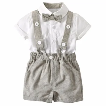 

2018 New Gentleman Infant Boys Suits With Striped Bow Tie + Belt Plaid Short Pants Children Kids Blouse Shirt Clothes Sets