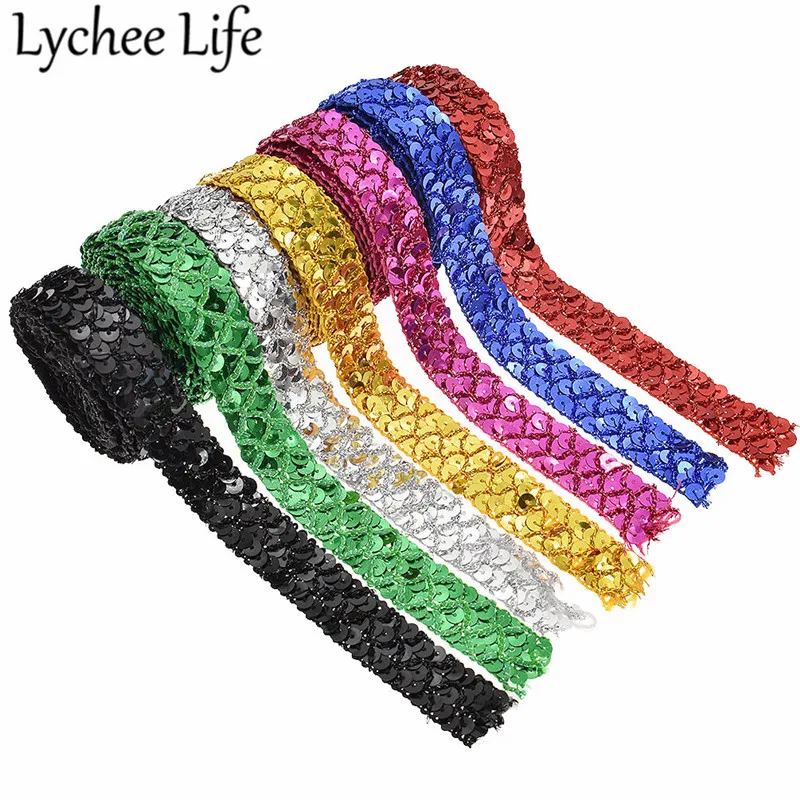 

Lychee Life 2 Yards Scales Sequins Ribbons Trim Colorful Reseau Lacework DIY Handmade Sewing Dress Clothes Supplies Decoration