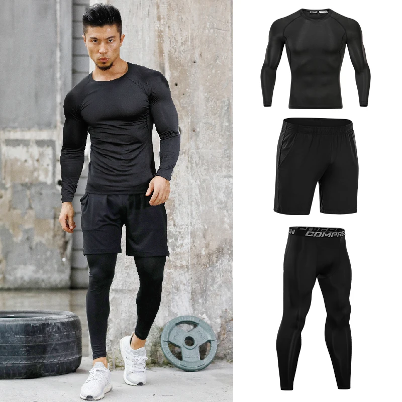 Men's Workout Tights Quick Dry Compression Runnning Sport Suits Basketball Clothes Gym Fitness Exercise Jogging Sportswear Sets