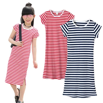 

3-15 Yrs Girls Dress Red Navy blue & White Strip Kids Casual Knee-Length Dress Chindren Big Girl Cotton Striped Straight Dresses