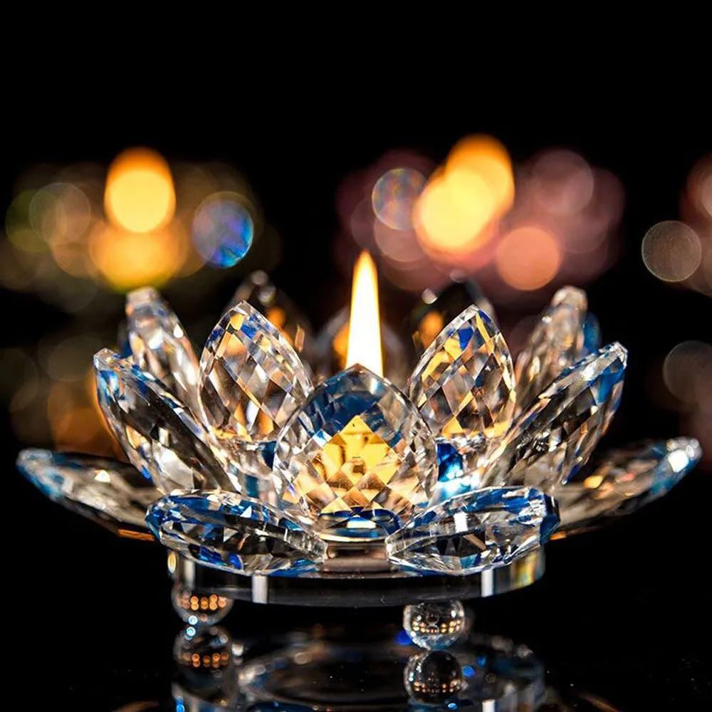 

Candle Holder Tealight Candlestick 7 Colors Crystal Glass Lotus Flower Candle Tea Light Holder Buddhist Decorations#40
