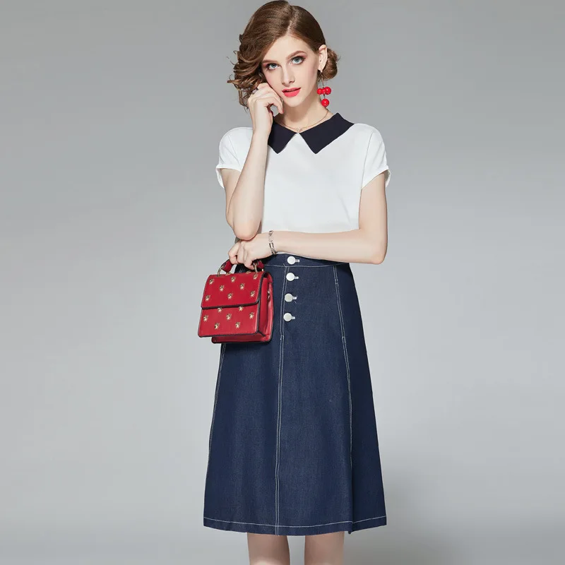

Skirt Set Summer Women Fashion Casual 2019 New Hit Color Peter Pan Collar Knitted Top + Denim Skirt Two Piece Set Female S-XL