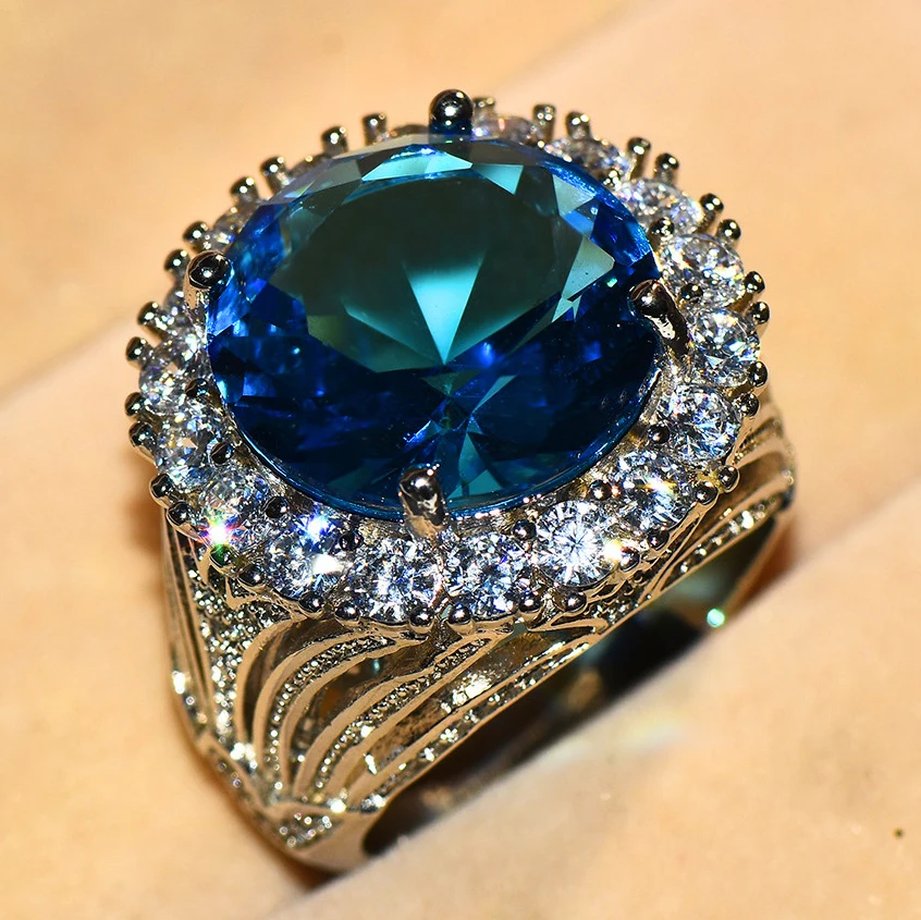 Luxury Female Big Blue Stone Ring Vintage 925 Silver