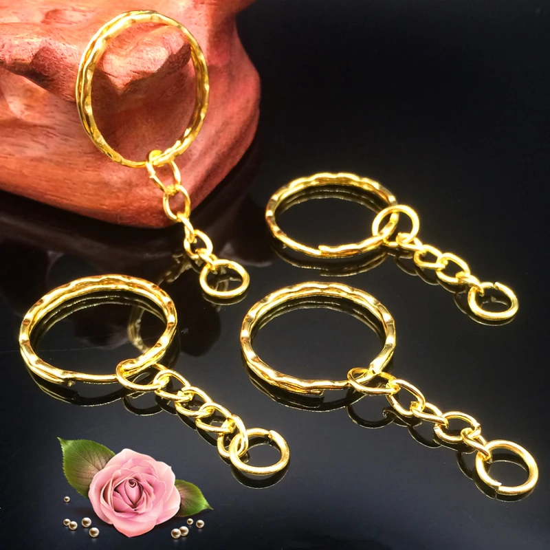 50Pcs/lot 1.3x25mm Gold Color Plated Key Ring with 4link chain 55mm Long, New Metal keychains