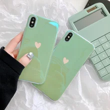 Funda de teléfono menta verde amor corazón para iphone 6 s 7 8 plus azul rayo láser suave silicona espejo brillante cubierta para iphone X XR XS.