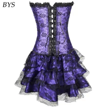 Women Sexy Burlesque Overbust Corset with Mini Skirt Fancy Dress Costume Gothic Boned Shapewear Outfit Part Halloween Christmas