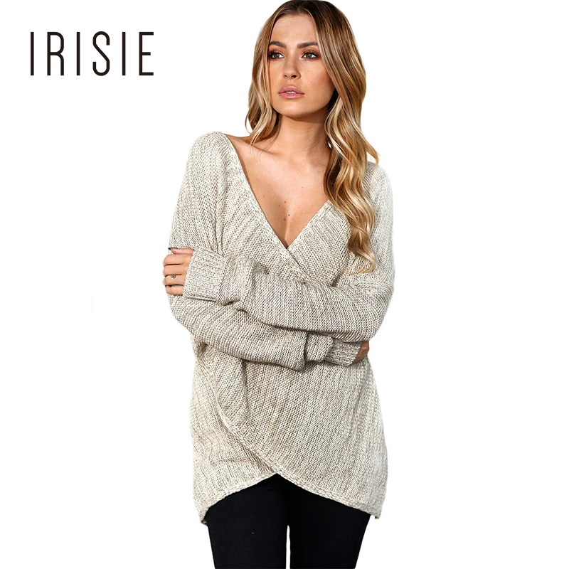 IRISIE Brand New Fashion Women Solid Gray Sweater Deep V-neck Long Sleeve Female Knit Pullover Lady Loose Casual Tops | Женская одежда