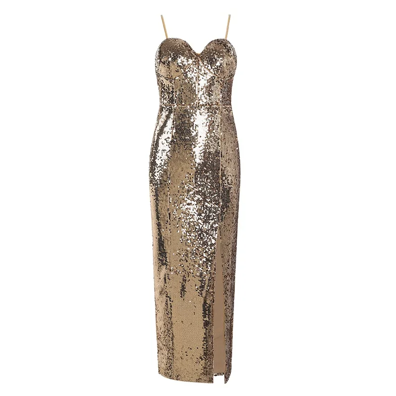 Max Spri New Women Sexy Gold Sequin Shining Bling Spaghetti Deep V Neck Backless Sleeveless Party Split Floor Length Dress