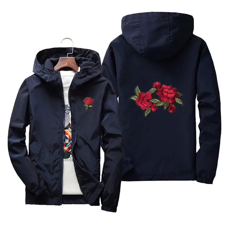 Новая модная брендовая весенне-летняя тонкая мужская куртка с длинным рукавом, черная ветровка на молнии, мужская куртка в стиле хип-хоп с вышивкой розы