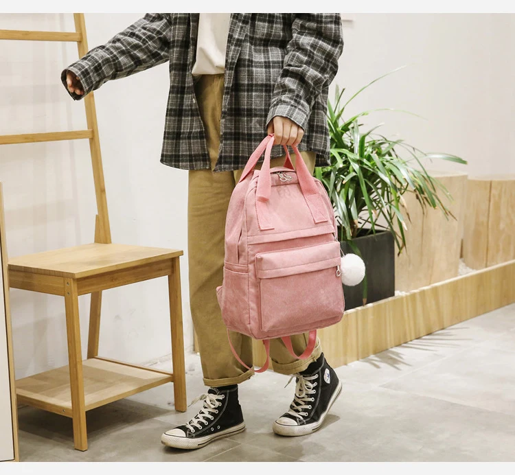 Menghuo New Backpack for Women Fur Ball Solid Color Corduroy Backpack for Girls Spring Winter Velvet Travel Bag Mochila Feminina_26
