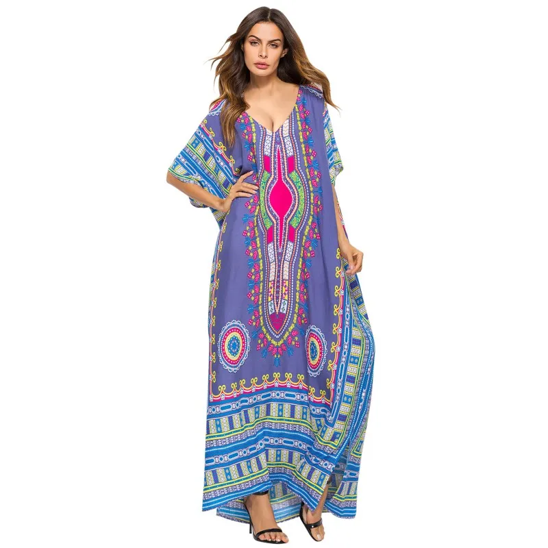

2018 Ladies' Print Beach Sundress Sexy V-neck Bohemian Long Dress African Ethnic Summer Loose Vintage Kaftan Maxi Dresses