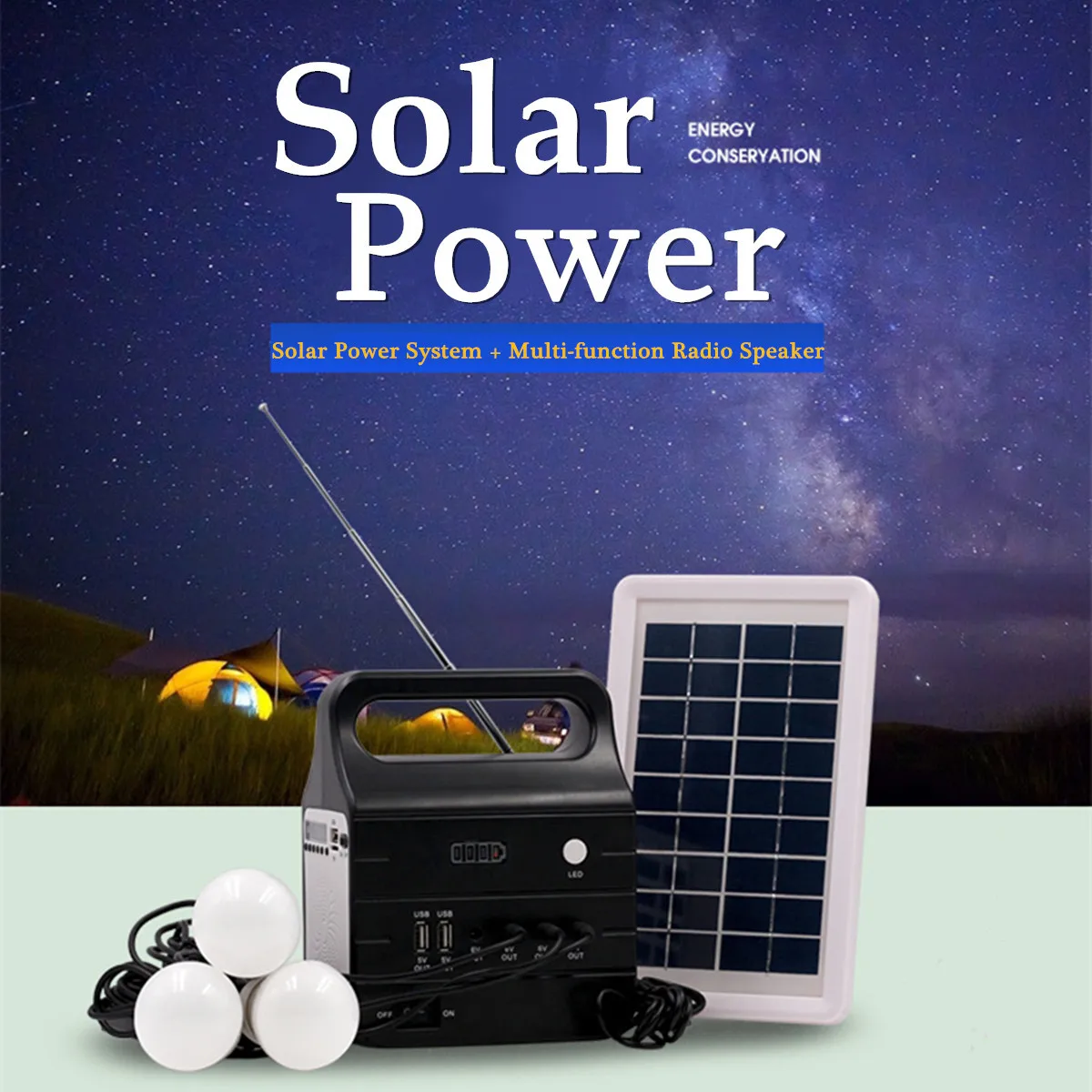 

220V/3A 25W Solar Power Panel Generator + Solar Power Panel with 2xLED Bulb Solar-charging Multiple Environmental Protection