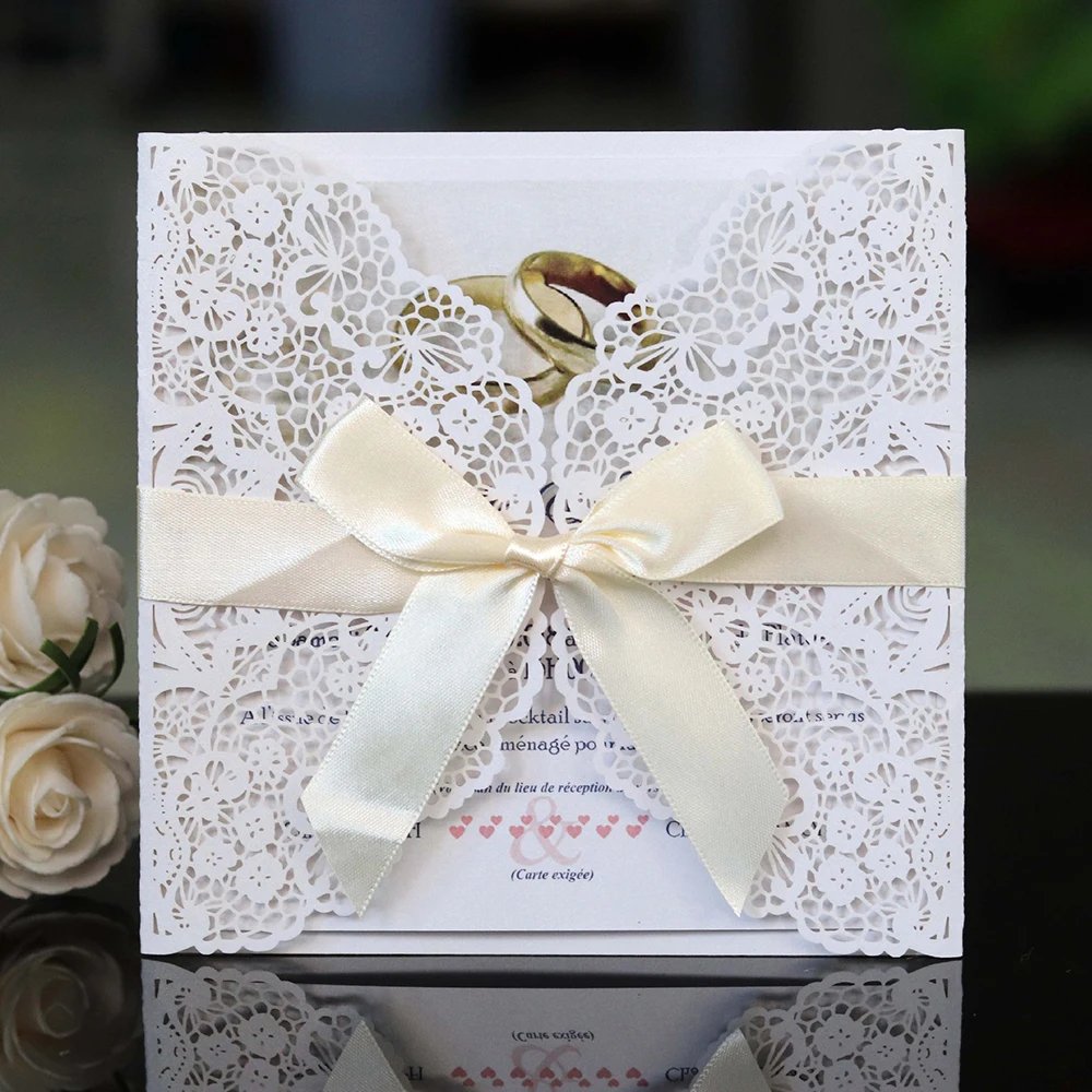 10 шт./лот полый лазерный разрез свадебные приглашения элегантный кружевной дизайн помолвка свадебные пригласительные открытки с лентой конверт