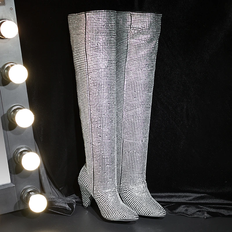 

Luxury All Crystal Women Over The Knee Boots Rhinestones Kitten High Heels Slip on Pointed Toe Sexy Motorcycle Female Long Boots