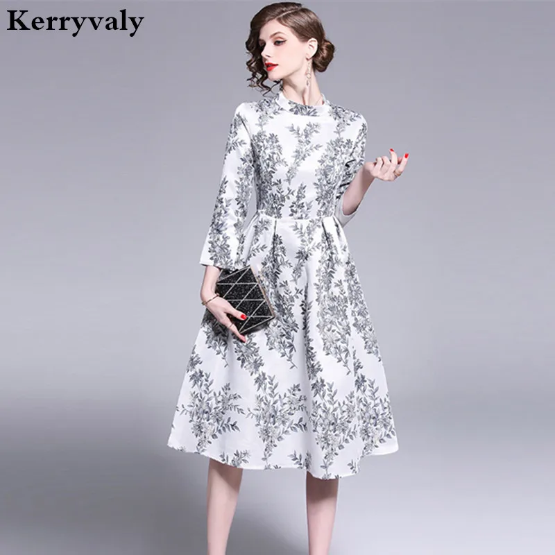 

New Spring Jacquard Print Midi Party Dress Vestidos Mujer Verano 2019 Women T Shirt Dress Robe Blanche Femme Sukienki K5789