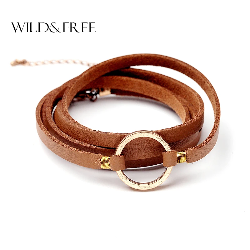 Wild Amp Free Women Handmade Black Brown Leather Bracelets Vintage Wild Free Women Handmade Black Brown Leather Bracelets Vintage Gold Silver Round Circle Connection Pendant Jewelry Whole Bracelet