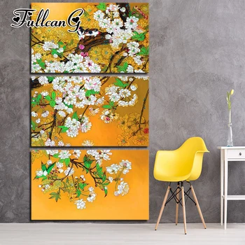 

FULLCANG triptych 5d mosaic embroidery "bird and white flower" 3pcs diy diamond painting cross stitch kits full drill gift G1229