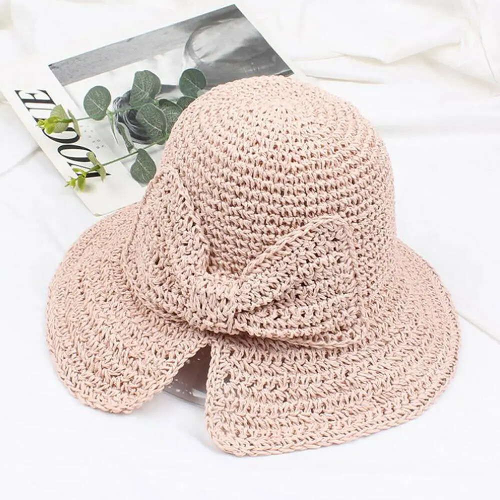 Fashion Bow-knot Straw Sunhat Summer Beach Women Lady Travel Sun Hat Foldable Beach Cap Sun Protection Panama Hat New - Color: Pink