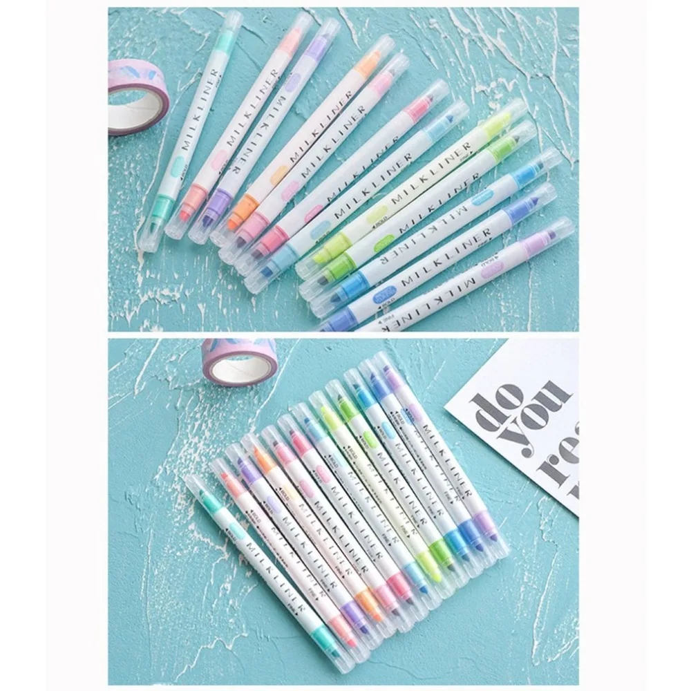 12pcs/set Highlighter Pens Stationery Mild Liner Double Headed Fluorescent Pen 12 Colors Mark Pen Cute