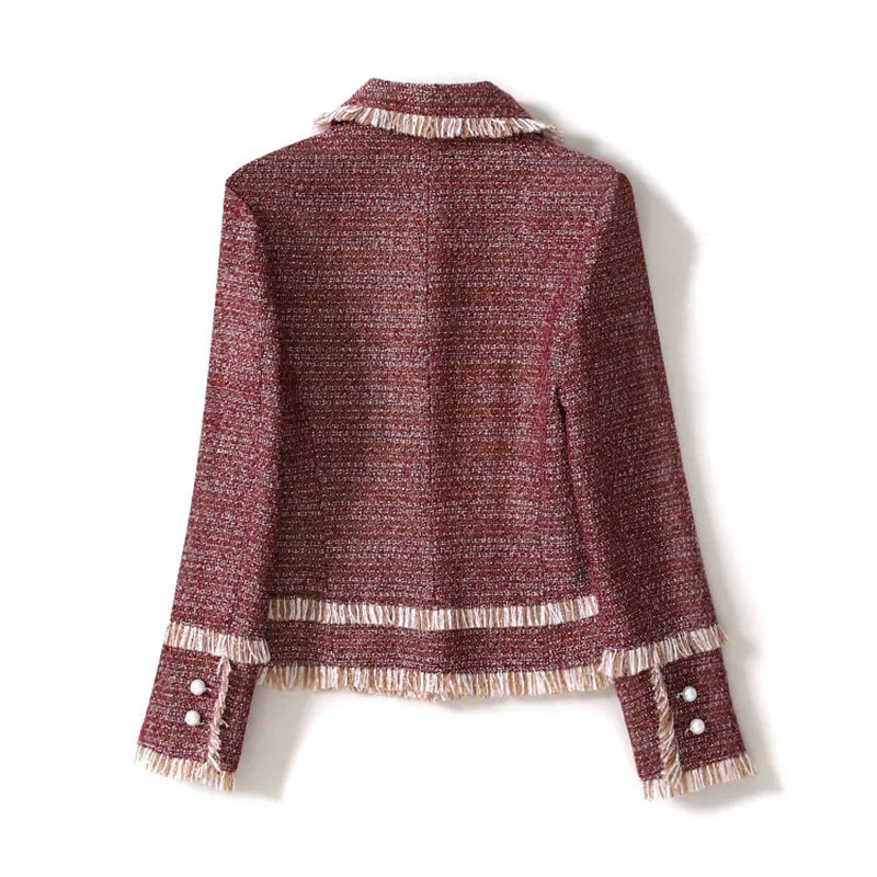 Tweed Perle Manteau Short Rouge Femmes Main Couleurs Mode Boutons De Blazer Contrast Costumes Luxe Gland Pour qq0wH68x